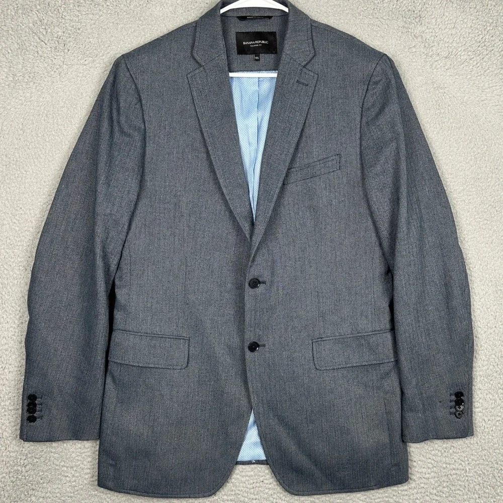 Banana Republic Blazer Men 42L Tailored Fit Blue Herringbone 2 Button Sport Coat
